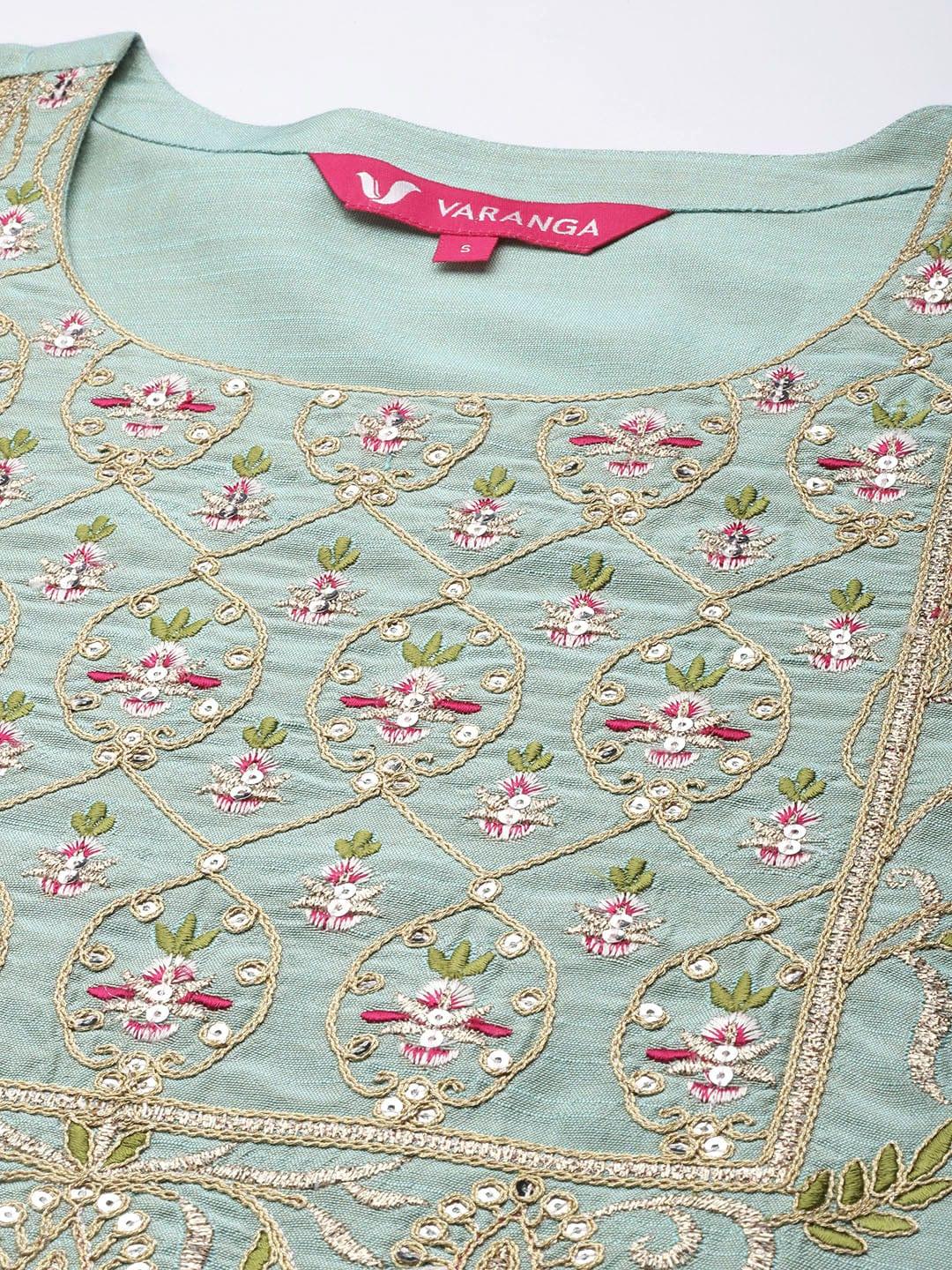 Varanga Women Sea Green & Pink Ethnic Embroidered Sequinned Kurta with Trousers & Dupatta - Indiakreations