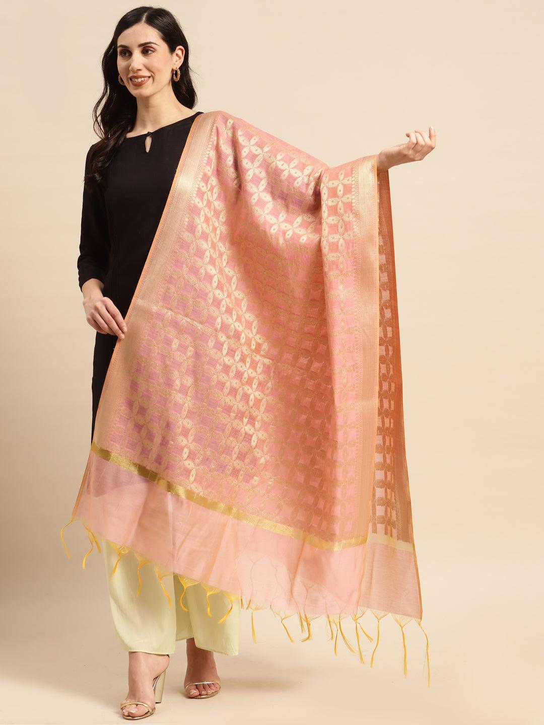 Women's Pink Color Ethnic Motifs Woven Design Dupatta With Zari - Varanasi - Indiakreations