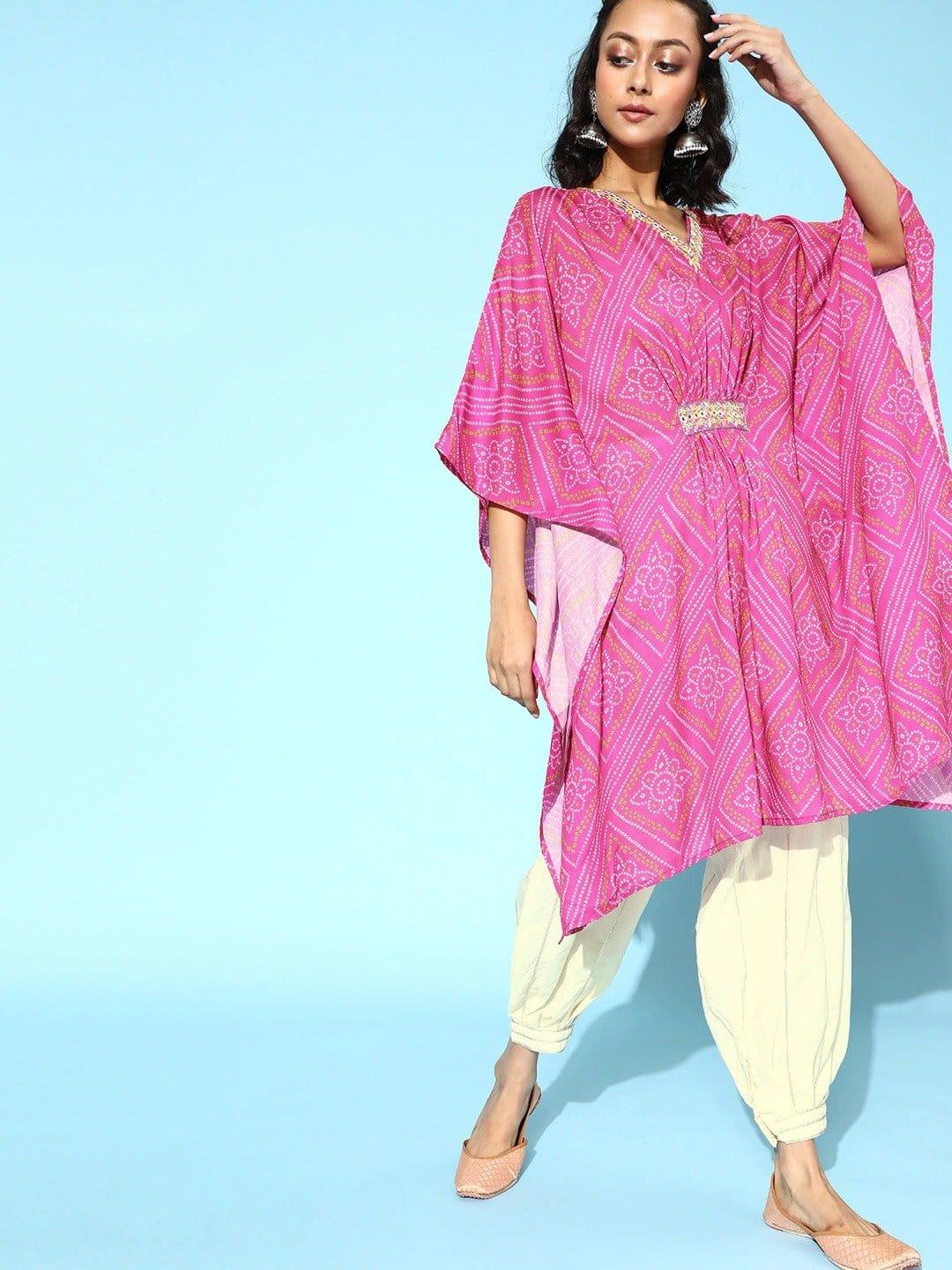 Pink Bandhej Printed Kaftan With Resham Embroidery And Gota Embellished Ballon Trouser - Indiakreations