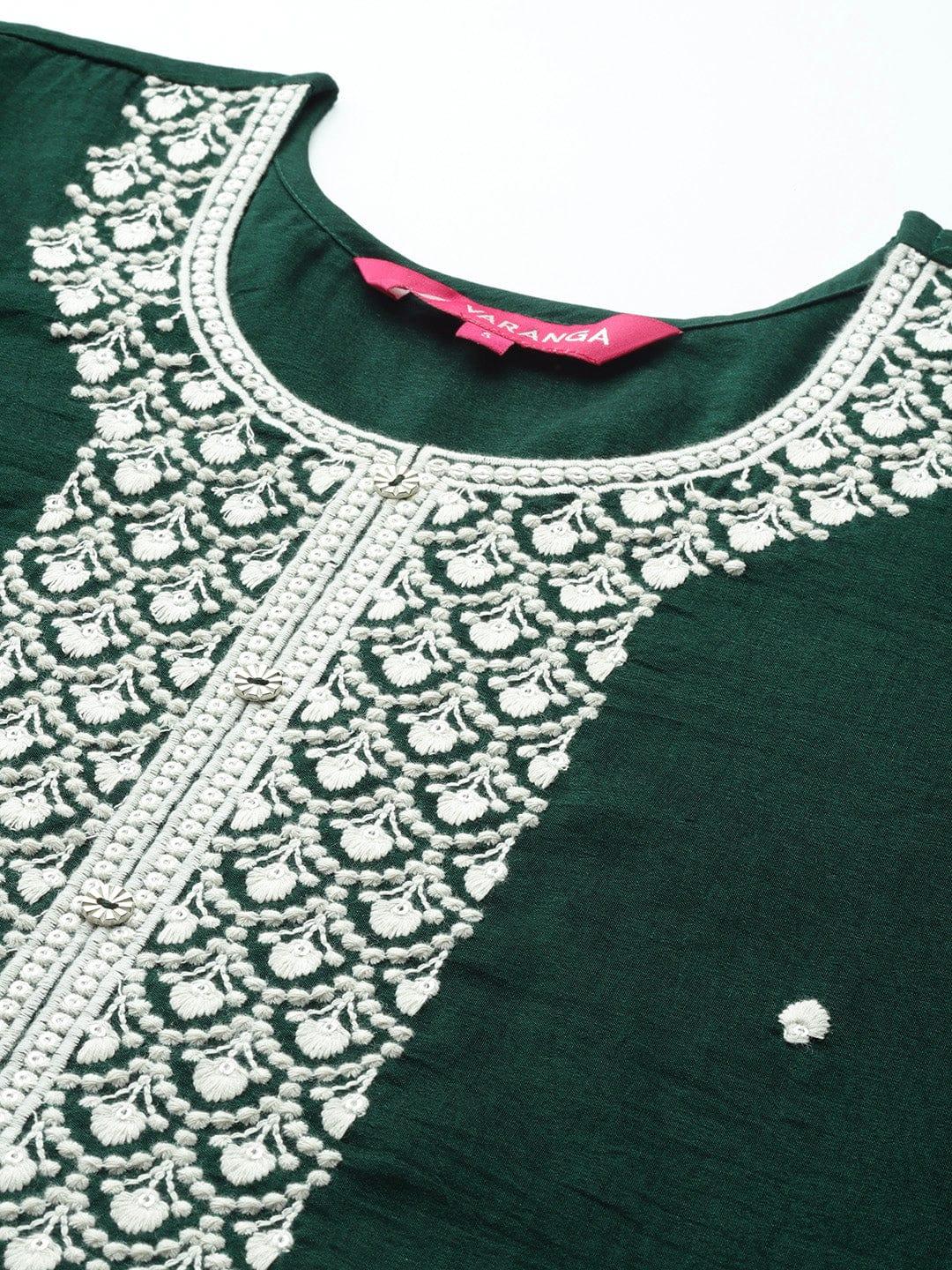 Varanga Women Green & White Ethnic Motifs Yoke Design Thread Work Raw Silk Kurta - Indiakreations