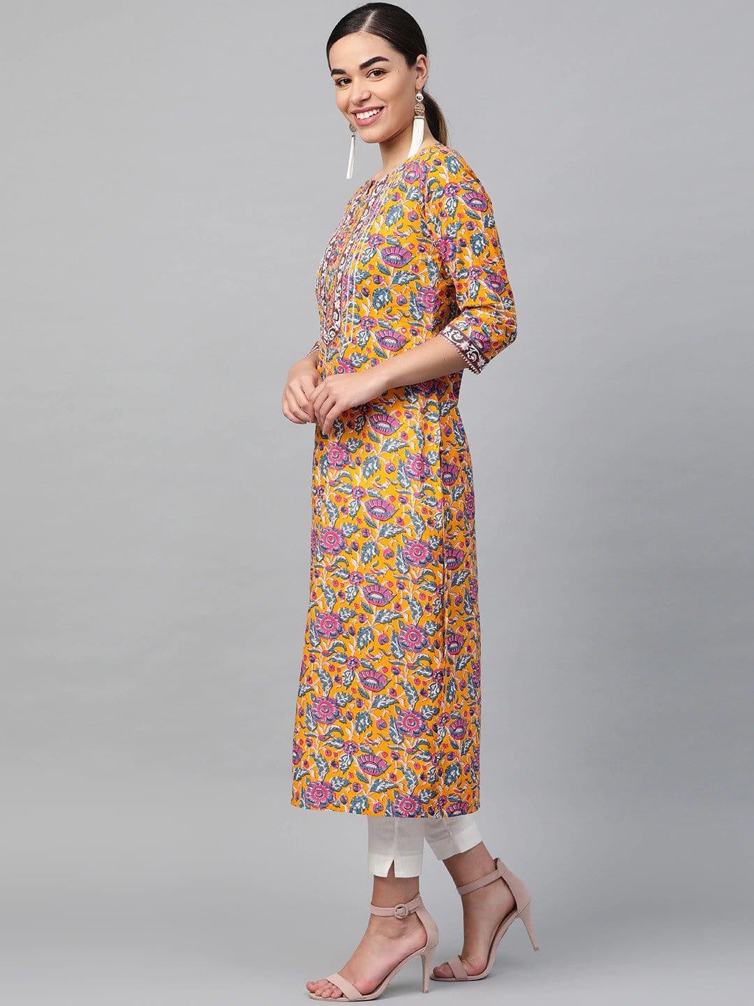 KSUT Mustard Yellow & Blue Printed Straight Kurta - Indiakreations