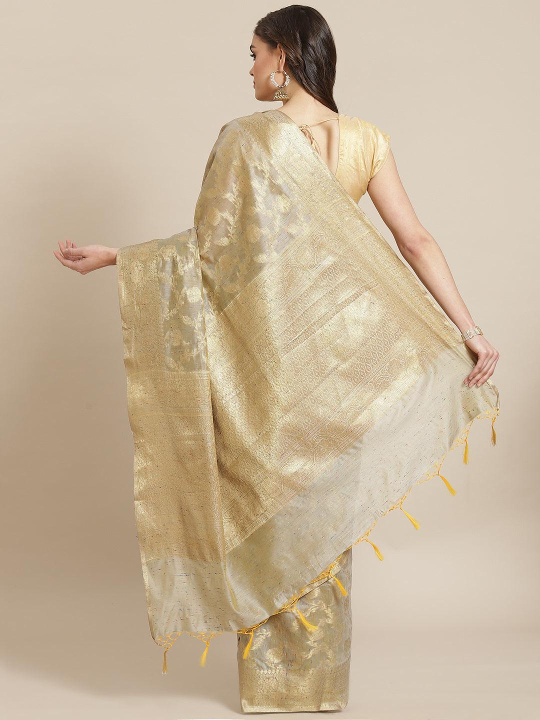 Women's Beige Cotton Silk Saree - Varanasi - Indiakreations