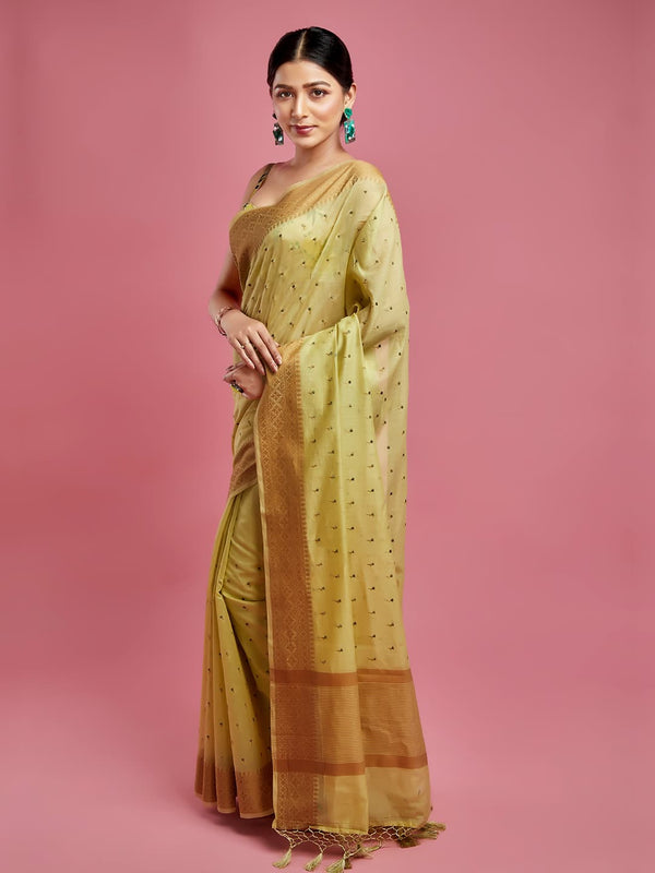 Beautiful Olive Green Cotton Work Saree With Tassels