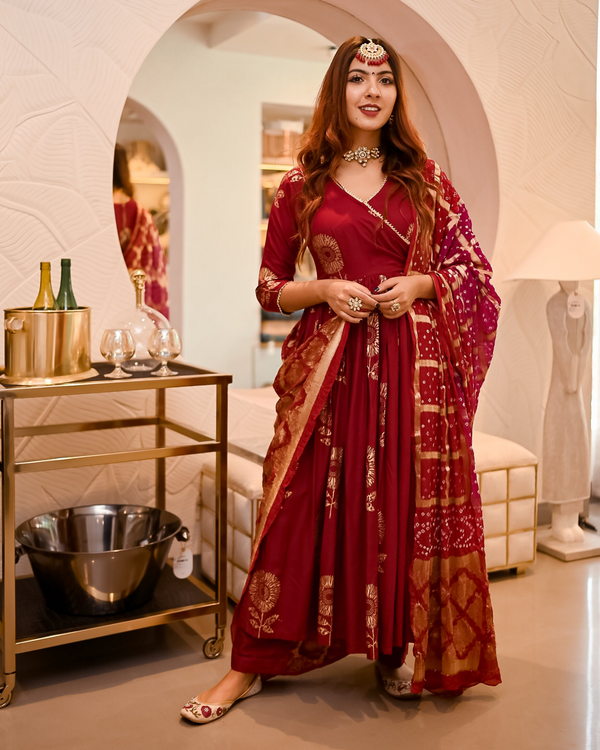 Maroon Angrakha Bandhej Suit Set | Relove