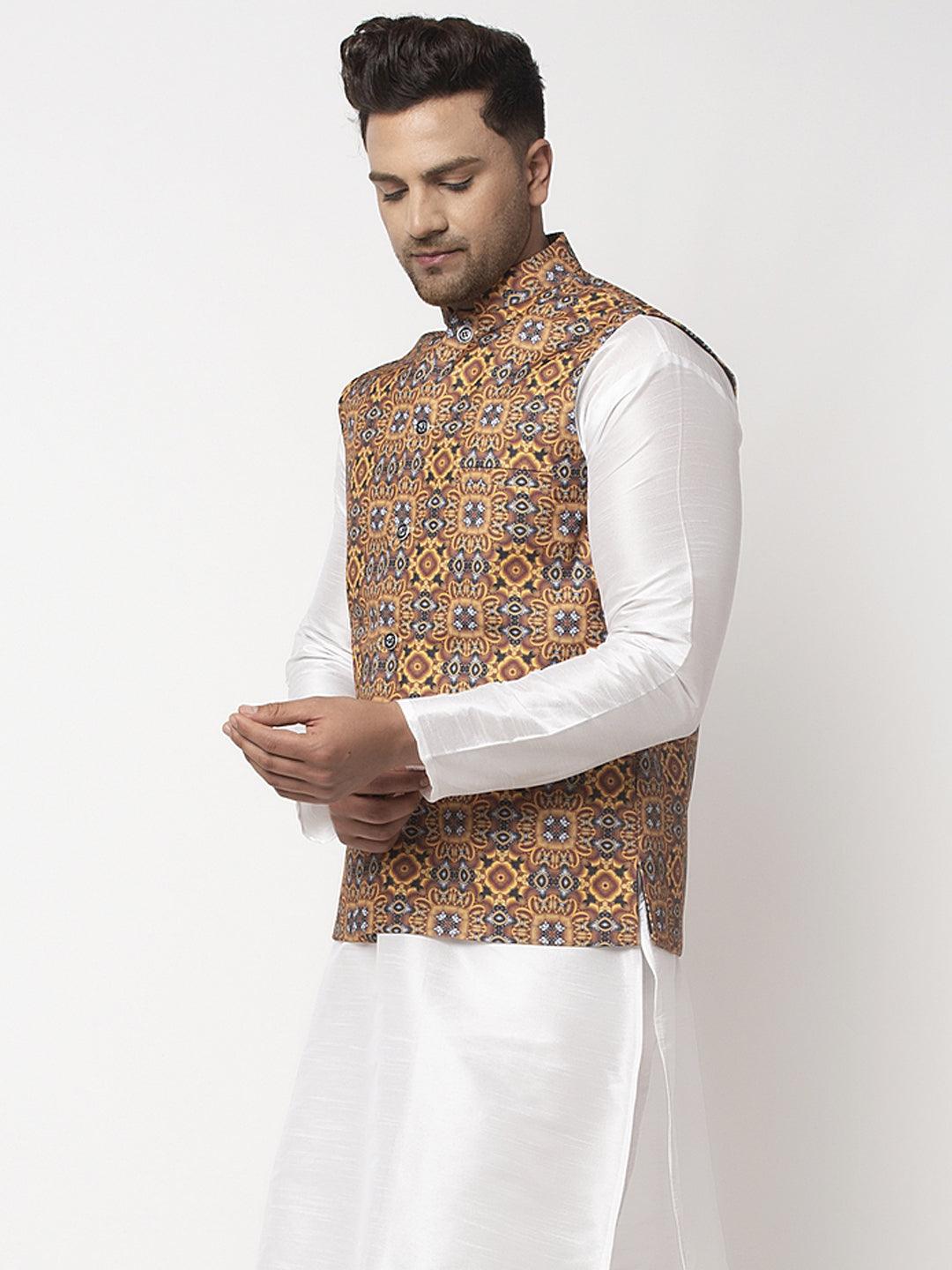 Men's Mustard & Charcoal Grey Printed Nehru Jacket - Benstoke - Indiakreations