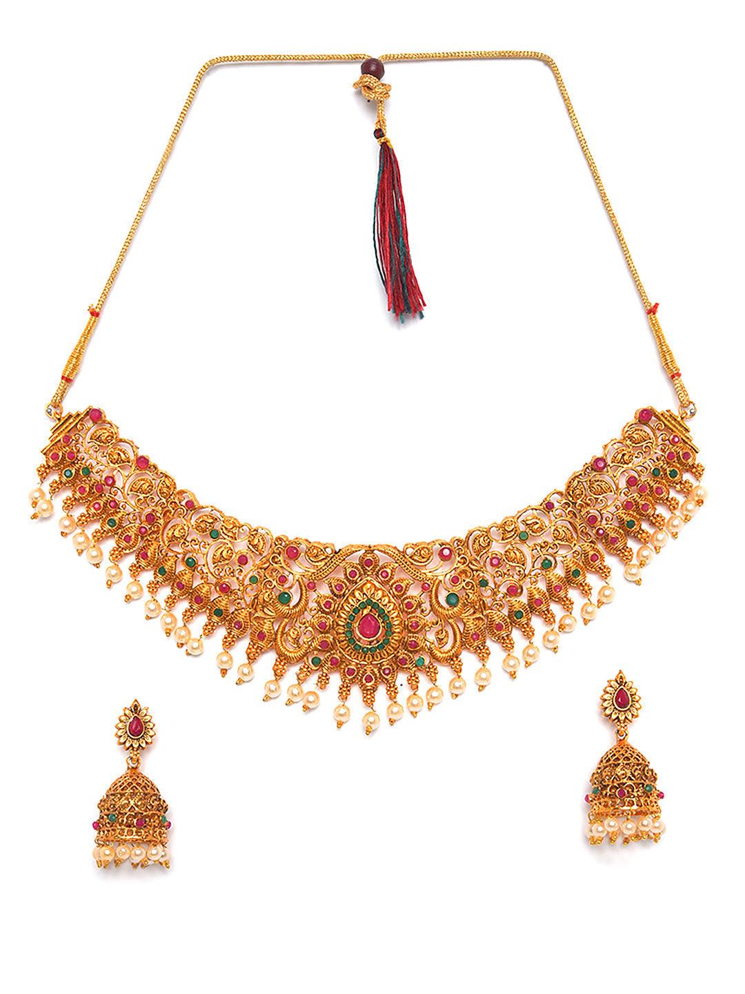 Women's Gold-Toned Pink & Green Stone-Studded, Beaded Handcrafted Jewellery Set - Jazz And Sizzle - Indiakreations