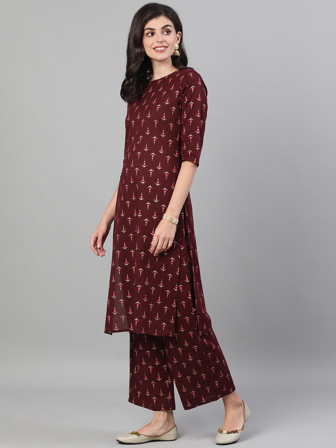 Women Wine Three-Quarter Sleeves Printed Kurta-Palazzo with pockets and Face Mask | NOZ2TOZ - Made In INDIA.