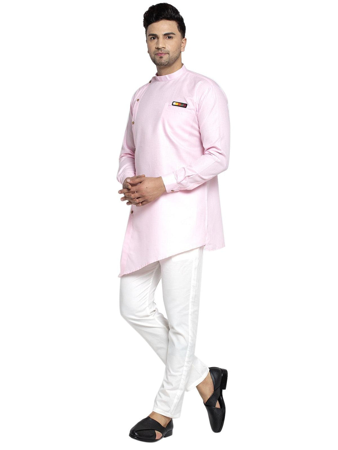 Men's Cotton Pink Asymmetric Solid Kurta With White Trousers - Benstoke - Indiakreations