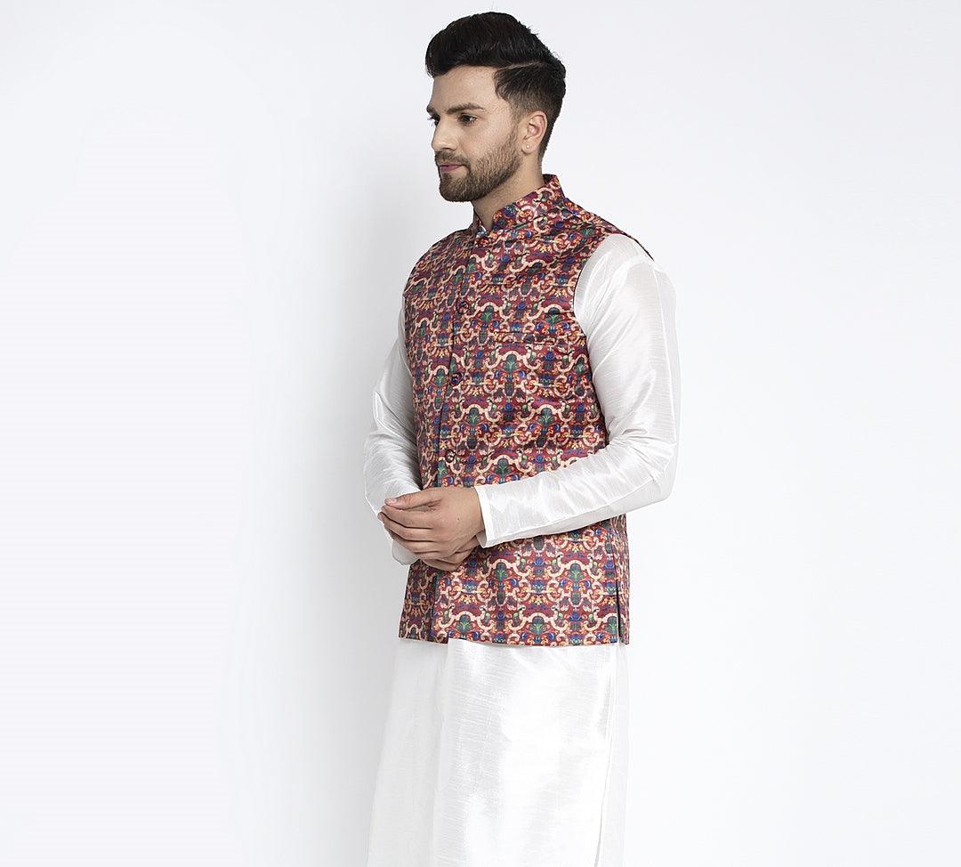 Men's Maroon & Multi Printed Nehru Jacket - Benstoke - Indiakreations