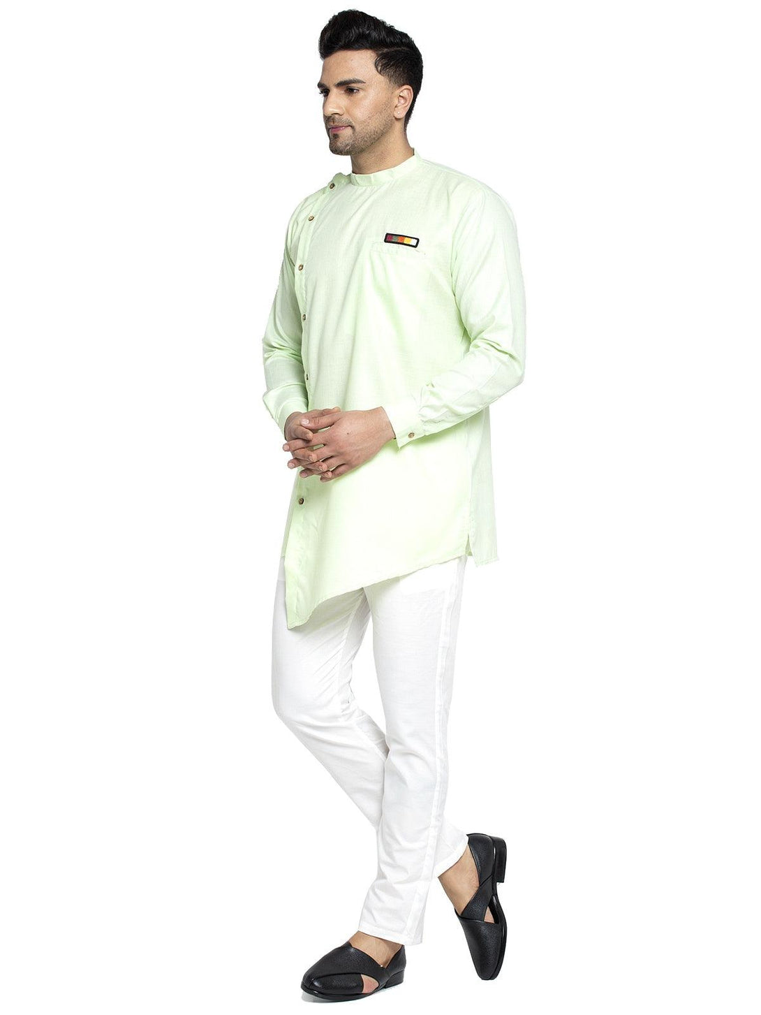 Men's Cotton Green Asymmetric Solid Kurta With White Trousers - Benstoke - Indiakreations