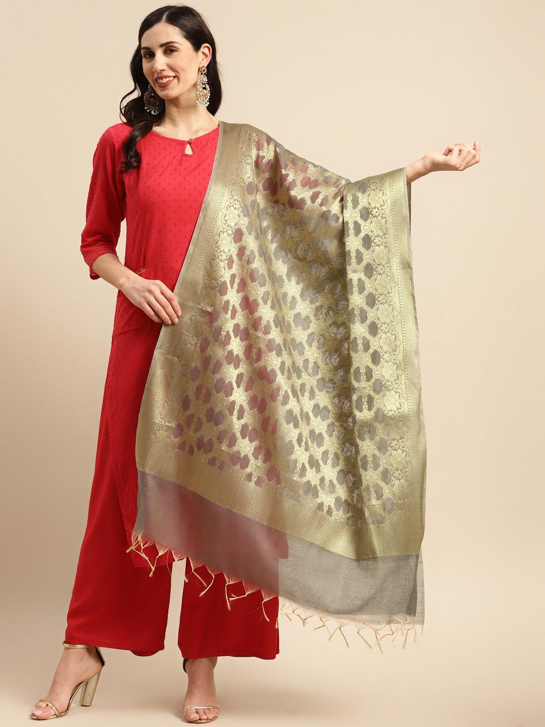 Women's Grey Color Ethnic Motifs Woven Design Dupatta With Zari - Varanasi - Indiakreations