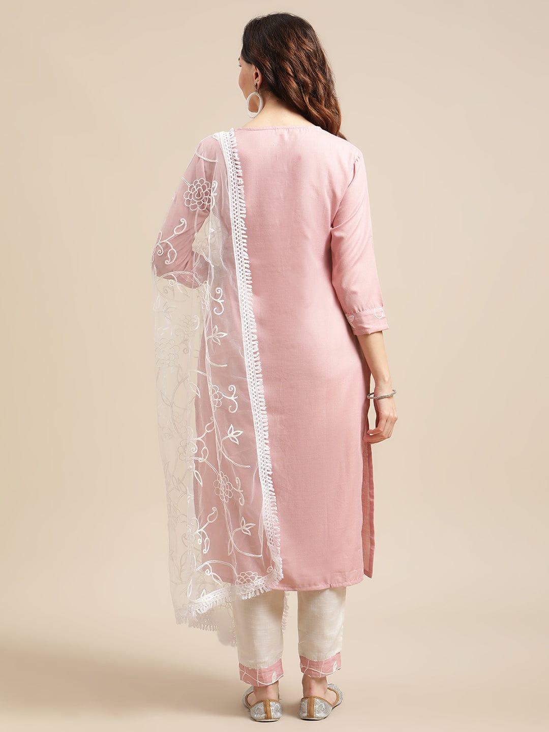 Pastel Pink Aari Embroidery Kurta Trouser Set With White All Over Embroidery Dupatta - Indiakreations