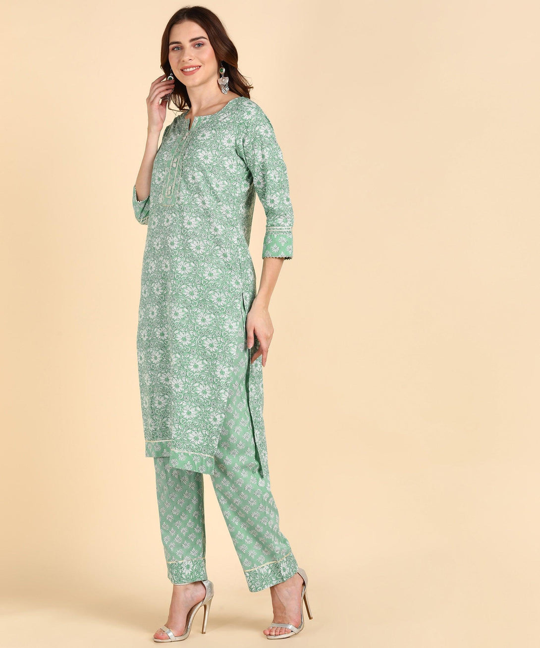 Women's Cotton Sea Green Printed Kurta With Pant - Noz2Toz - Indiakreations