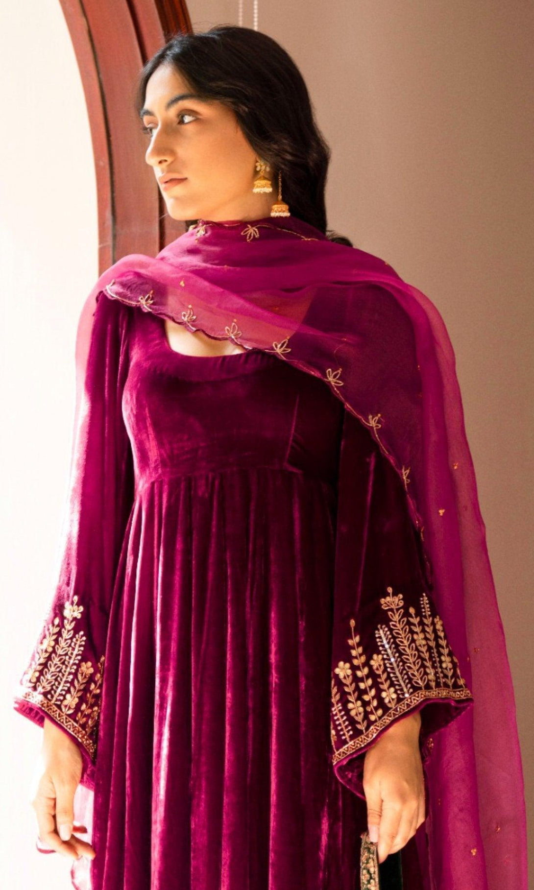 Bareen Embroidered - Deep Orchid Velvet Anarkali With Palazzo And Organza Dupatta - Set of 3 - RTS - Indiakreations