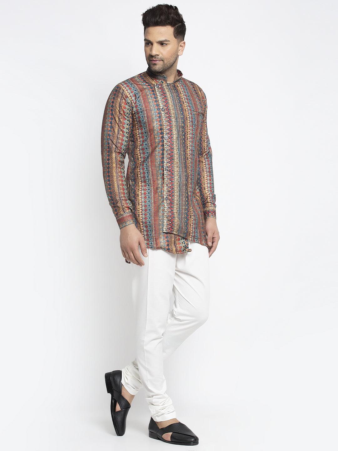 Men's Multicolored Printed Short Kurta With White Pyjama - Benstoke - Indiakreations