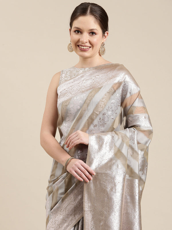 Women's Grey & Silver Organza Paisley Zari Woven Banarasi Saree - Panchhi