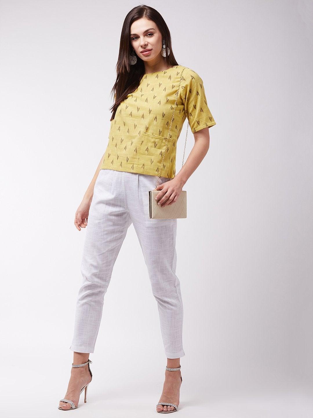 Women's Mustard Ikkat Top - InWeave - Indiakreations