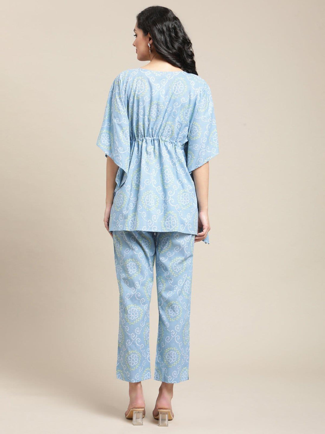 Powder Blue Bandhej Printed Kaftan Trouser Set - Indiakreations