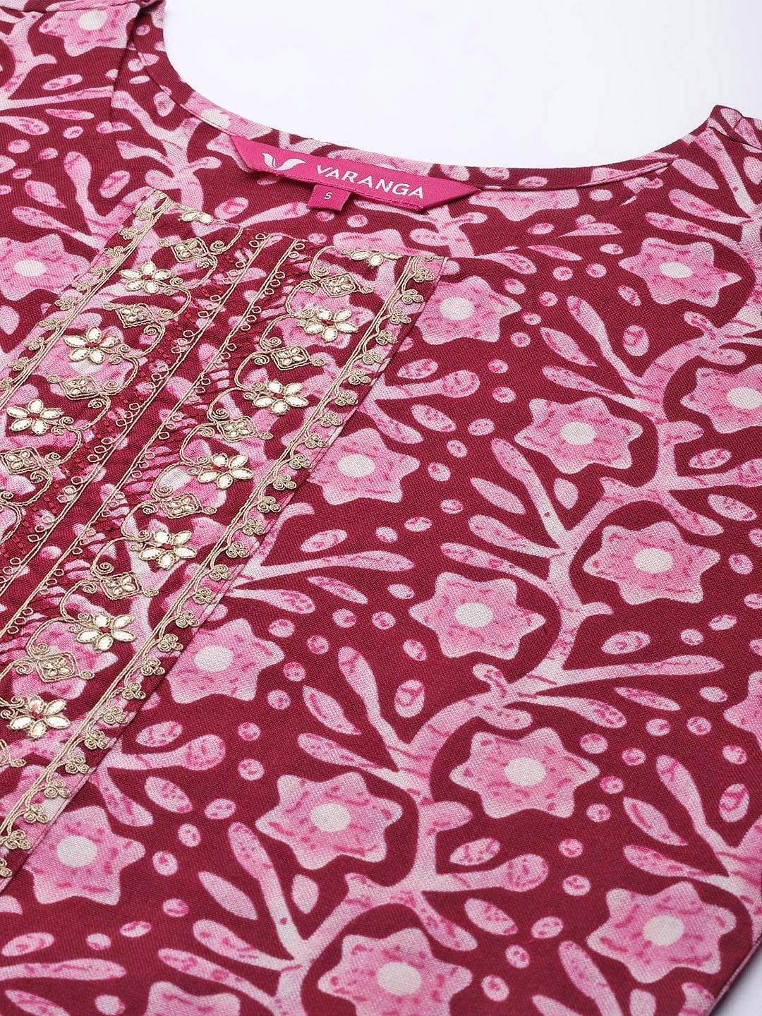 Varanga Women Maroon & Pink Floral Printed Gotta Patti Kurta - Indiakreations