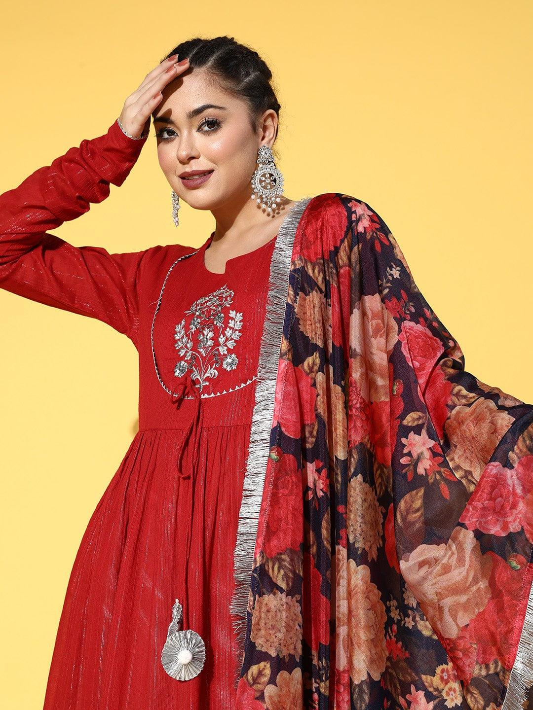 Varanga Women Red & Silver-Toned Embroidered Quirky Kurta - Indiakreations