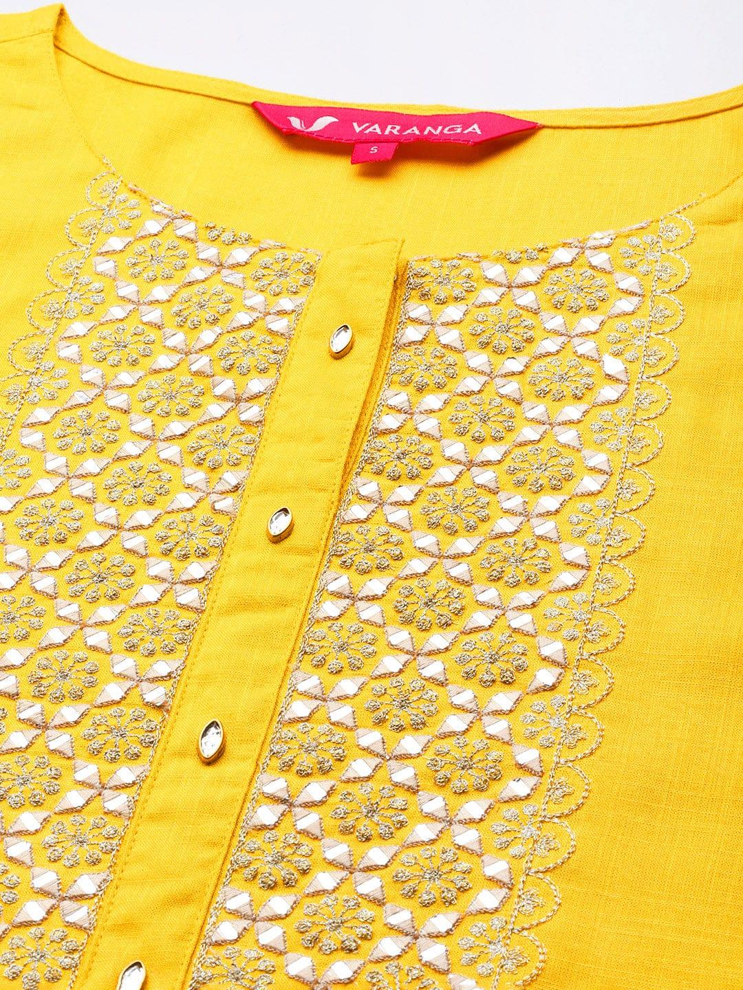 Varanga Women Yellow Yoke Design Mirror Work Kurta with Trousers & Dupatta - Indiakreations