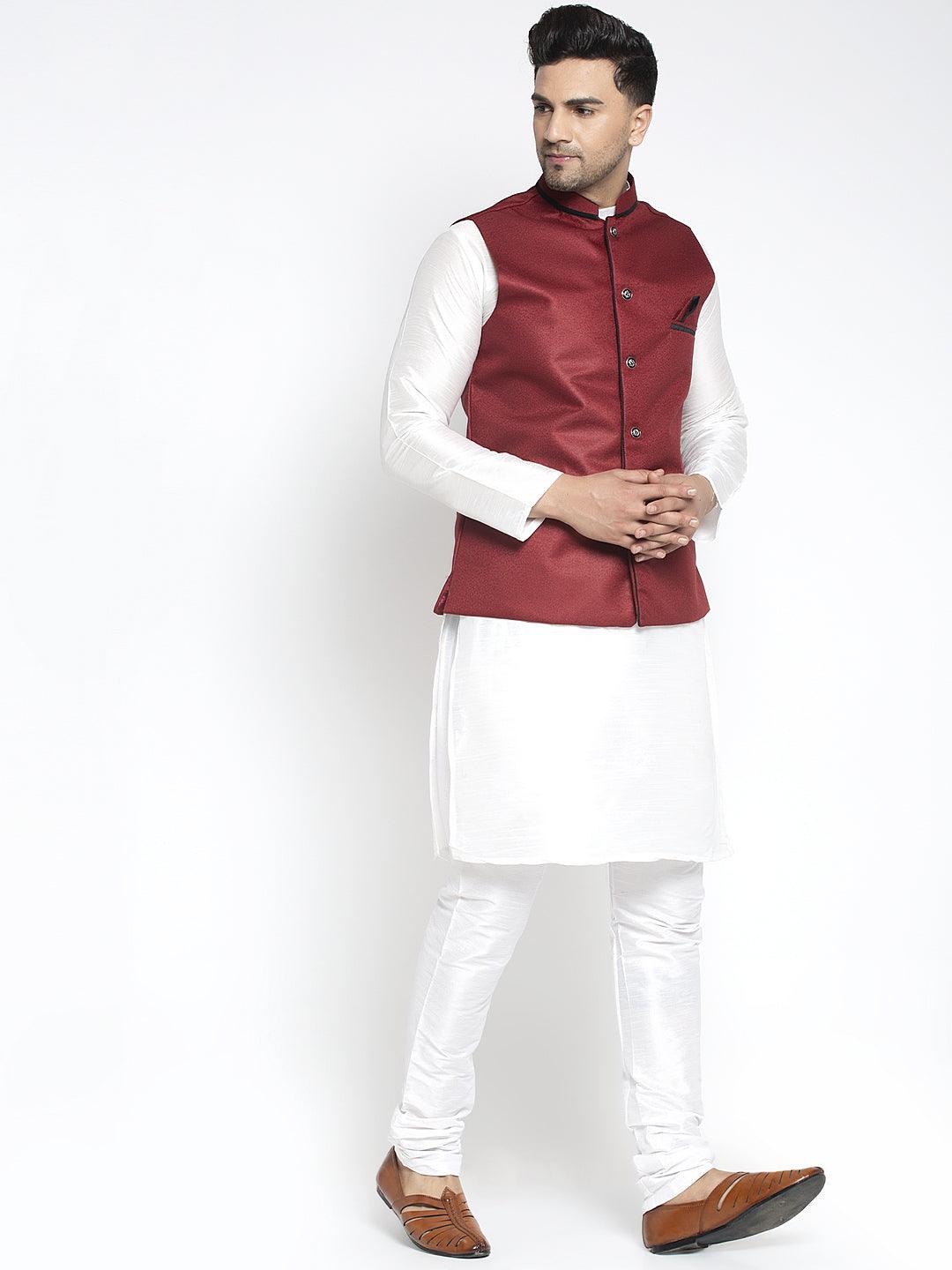 Men's Silk Blend White Kurta With Pyjama & Maroon Nehru Jacket - Benstoke - Indiakreations