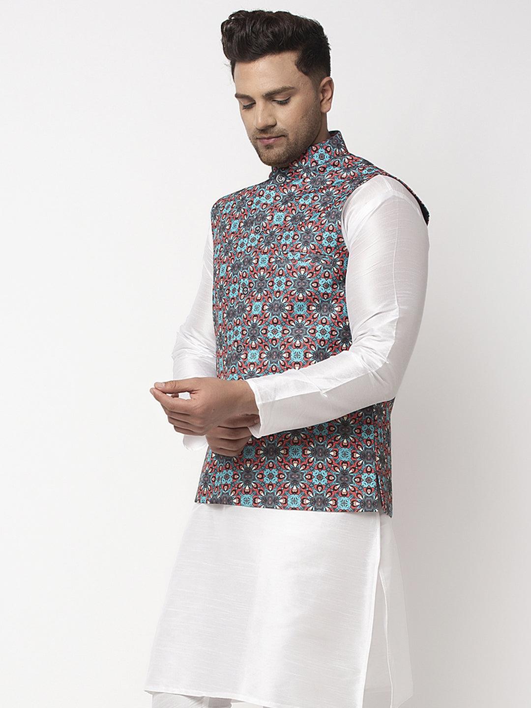 Men's Sky Blue & Black Printed Nehru Jacket - Benstoke - Indiakreations