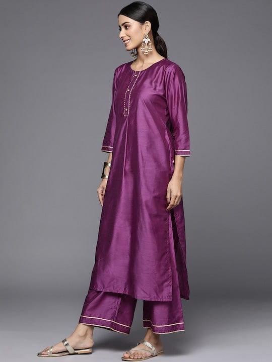 Varanga Women Purple Yoke Design Kurta with Trousers & Dupatta - Indiakreations