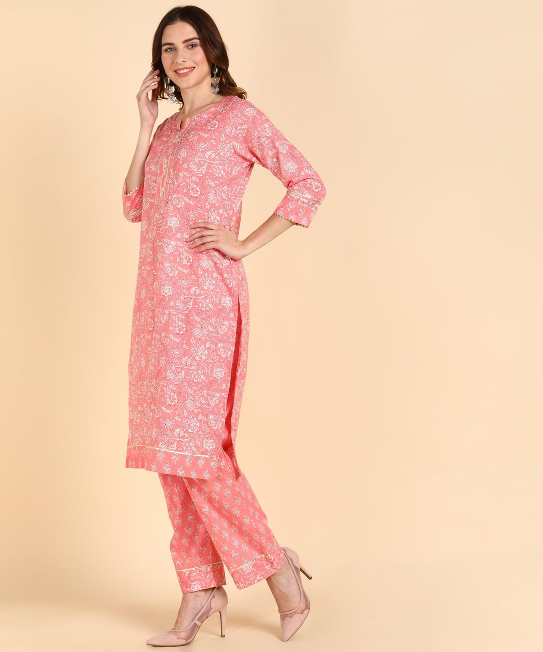 Women's Cotton Peach Printed Kurta With Pant - Noz2Toz - Indiakreations