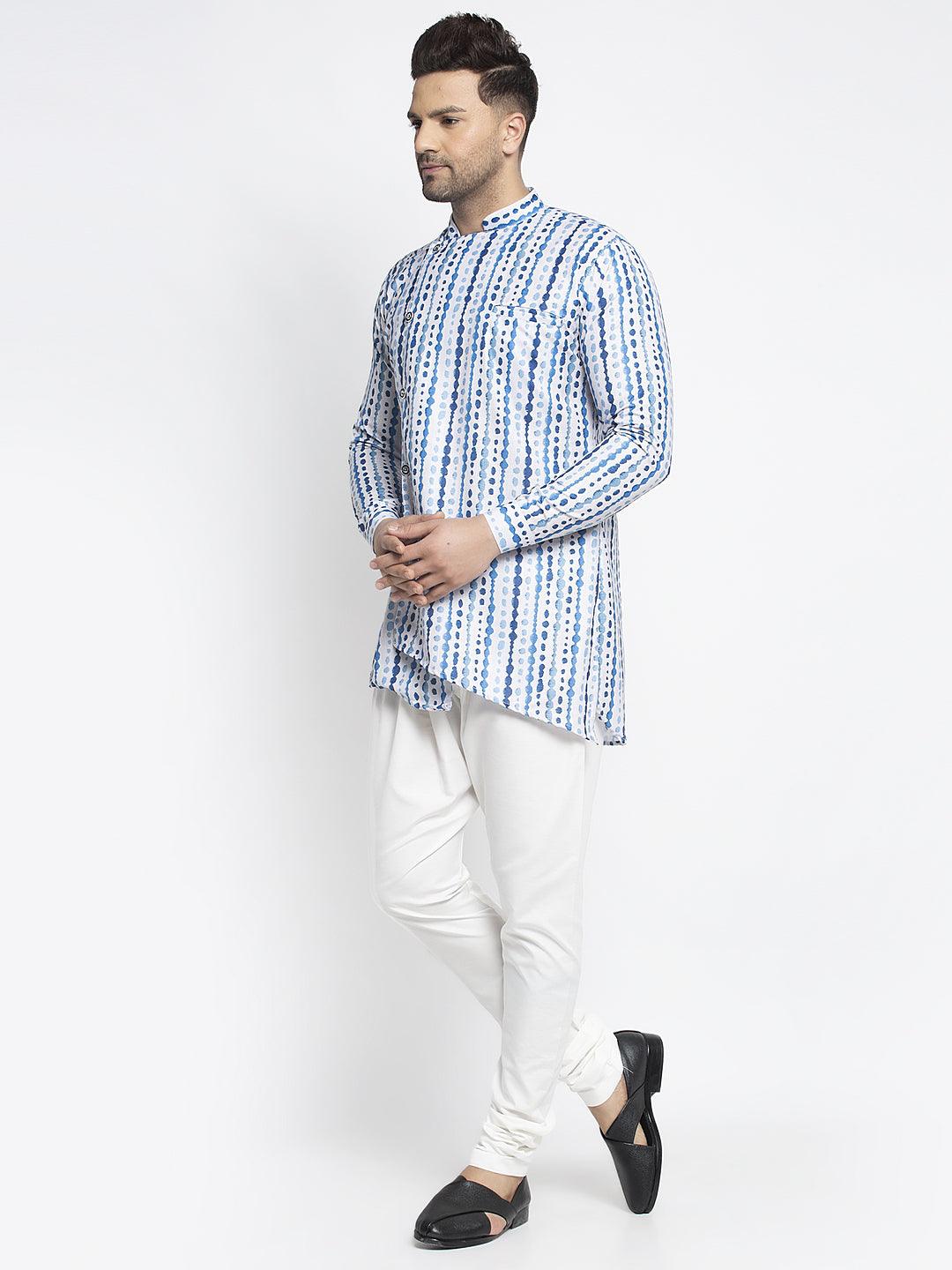 Men's Blue & White Printed Short Kurta With White Pyjama - Benstoke - Indiakreations