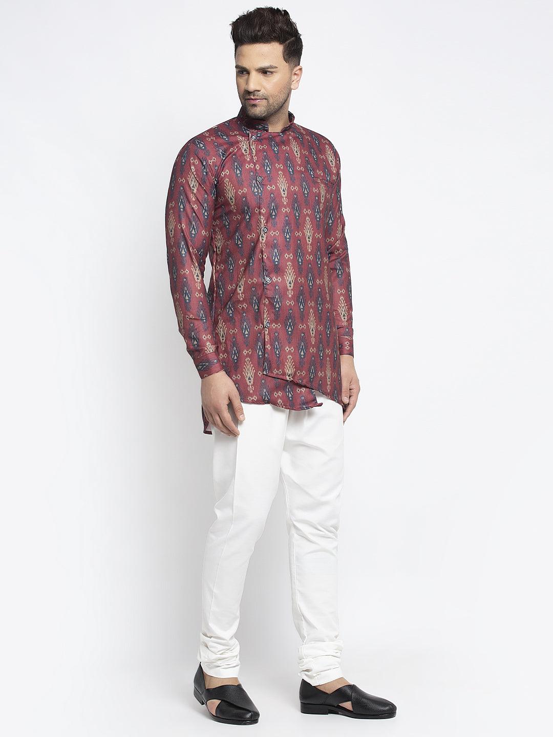 Men's Maroon & Navy Blue Printed Short Kurta With White Pyjama - Benstoke - Indiakreations