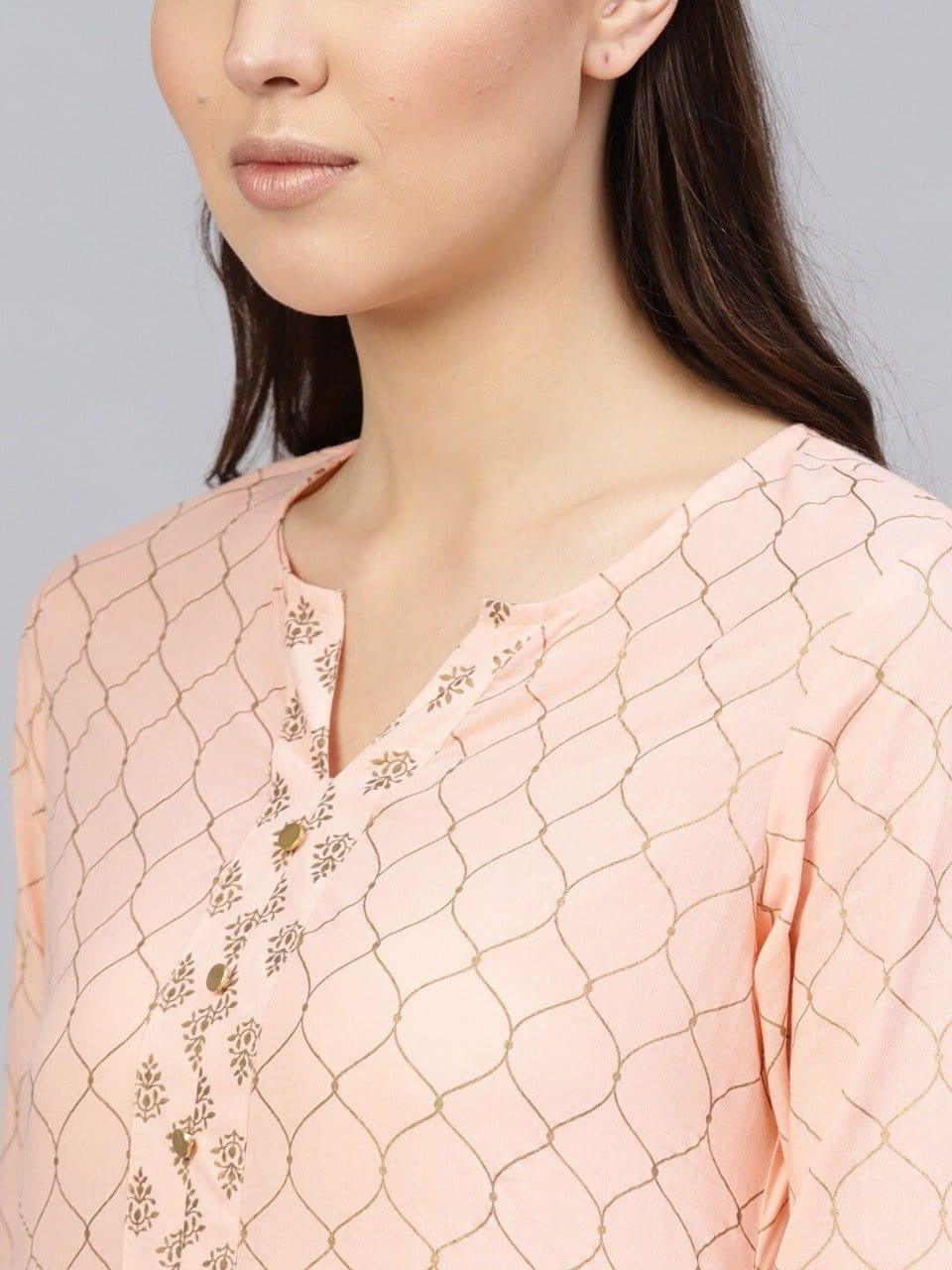 KSUT Women Peach-Coloured Printed Kurta with Palazzos - Indiakreations