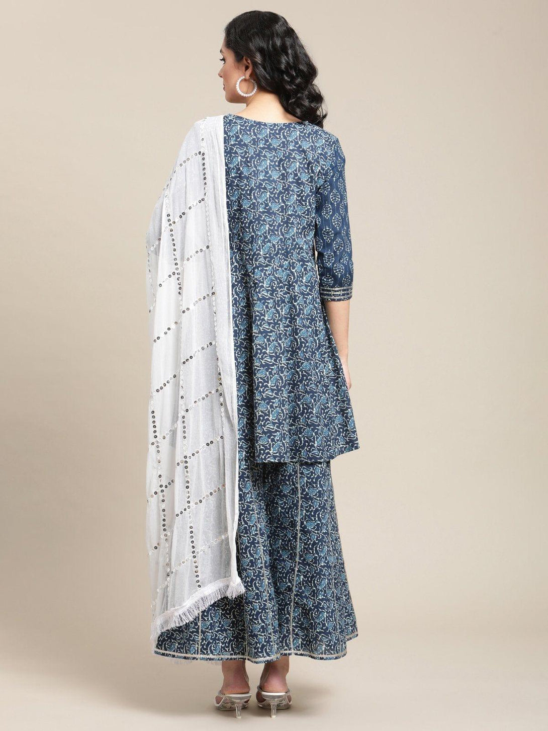 Blue And White Printed Flared Kurta With Gota Work, Kurta Paired With Flared Palazzo And Dupatta - Indiakreations