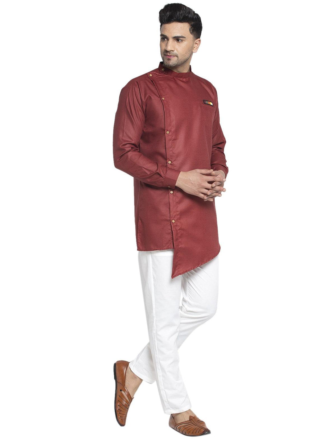 Men's Cotton Maroon Asymmetric Solid Kurta With White Trousers - Benstoke - Indiakreations