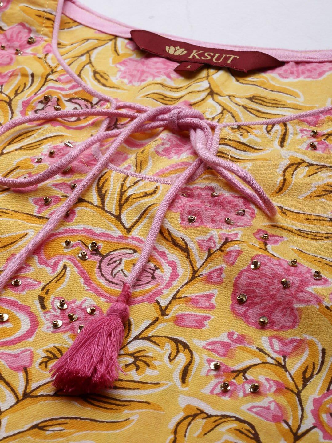 KSUT Mustard And Pink Kalamkari Printed Kurta With Printed Pants - Indiakreations