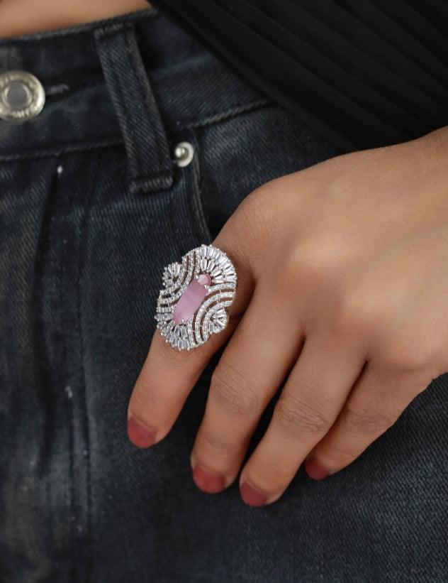 Women's Pink American Diamond Studded,Silver-Plated Cz Studded Adjustable Finger Ring - Jazz And Sizzle - Indiakreations