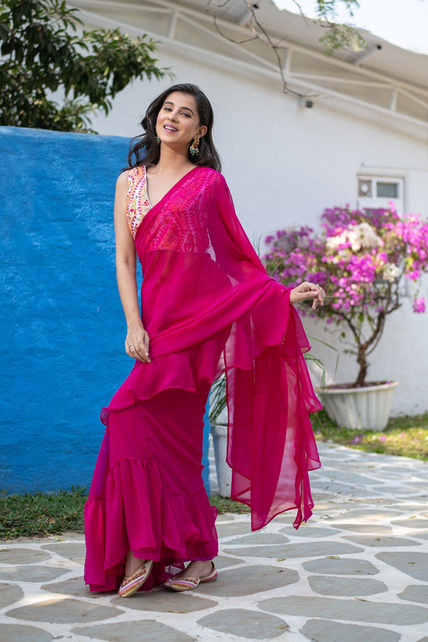 Women's Rani Pink Ruffle Saree - Label Shaurya Sanadhya