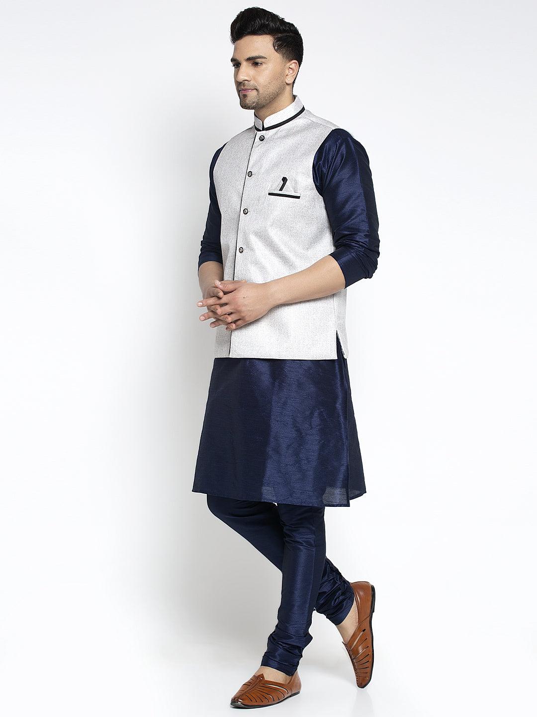 Men's Silk Blend Navy Blue Kurta With Pyjama & Grey Nehru Jacket - Benstoke - Indiakreations