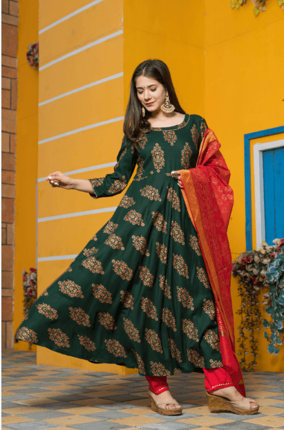 Women's Leaf Green Gold Kurta Dupatta Set - Indiakreations