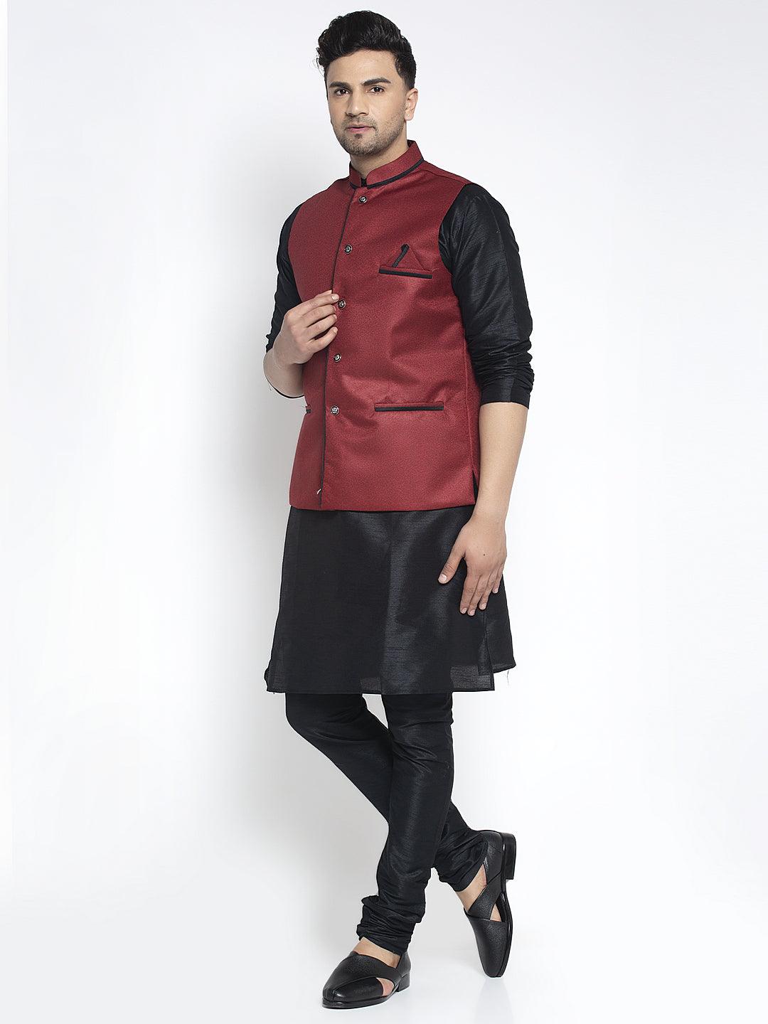 Men's Silk Blend Black Kurta With Pyjama & Maroon Nehru Jacket - Benstoke - Indiakreations