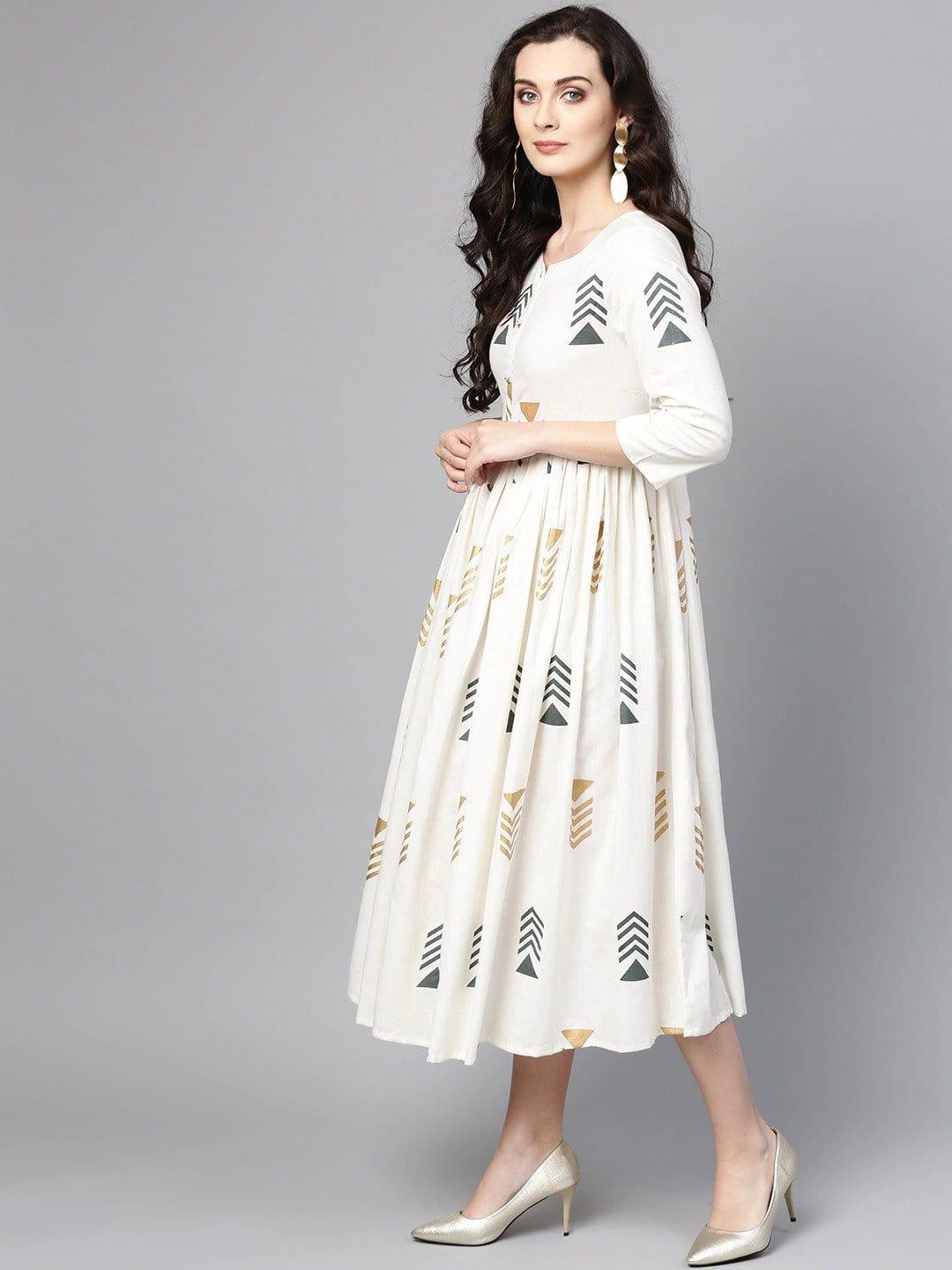 Off-White & Grey Printed Fit and Flare Dress - Indiakreations