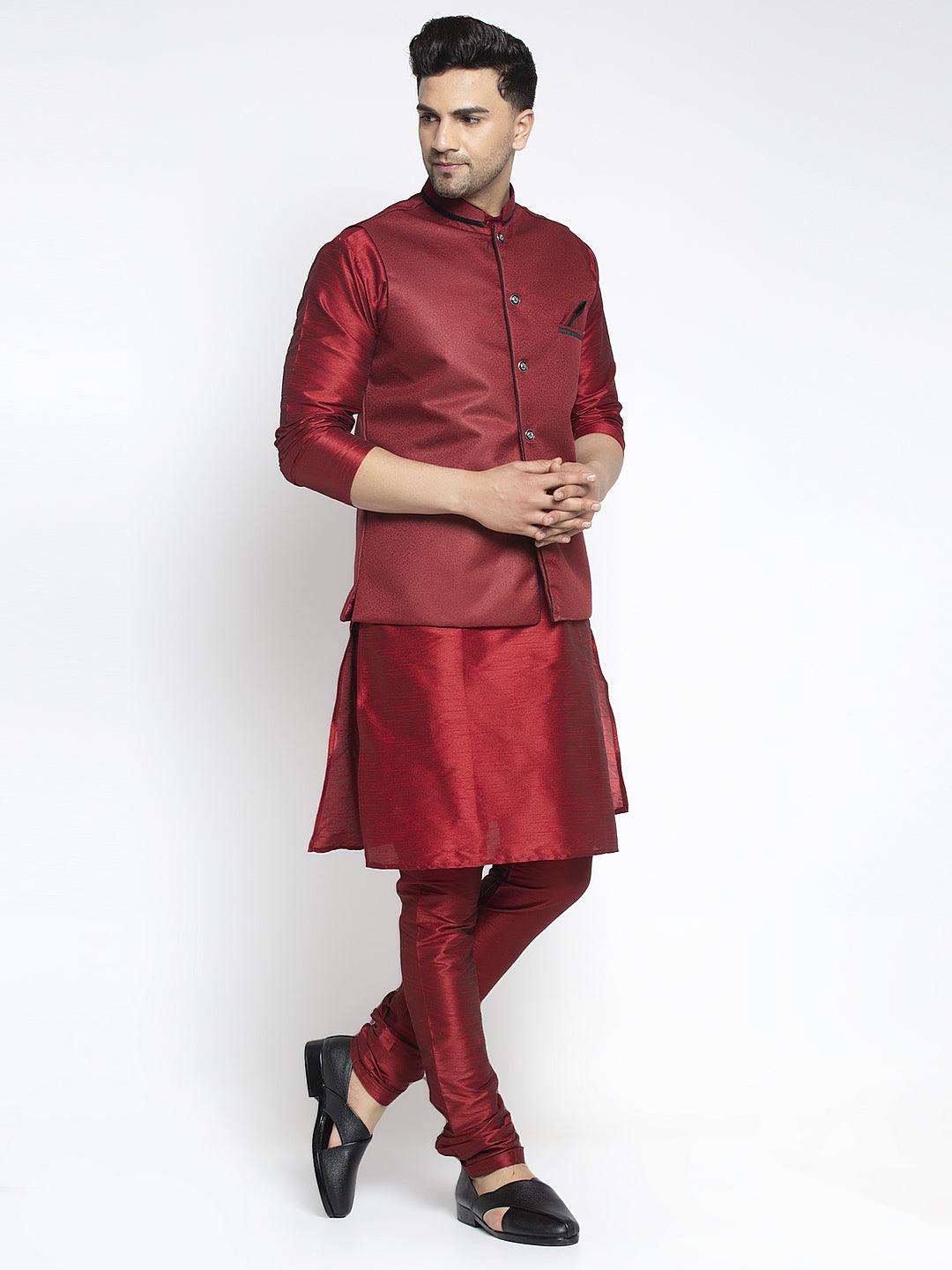 Men's Silk Blend Maroon Kurta With Pyjama & Maroon Nehru Jacket - Benstoke - Indiakreations