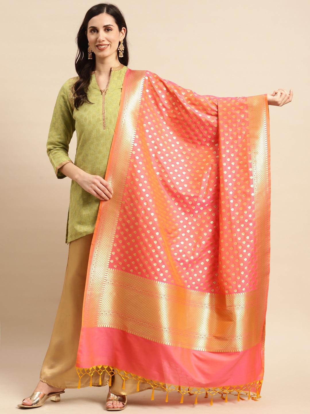 Women's Pink Color Ethnic Motifs Woven Design Dupatta With Zari - Varanasi - Indiakreations