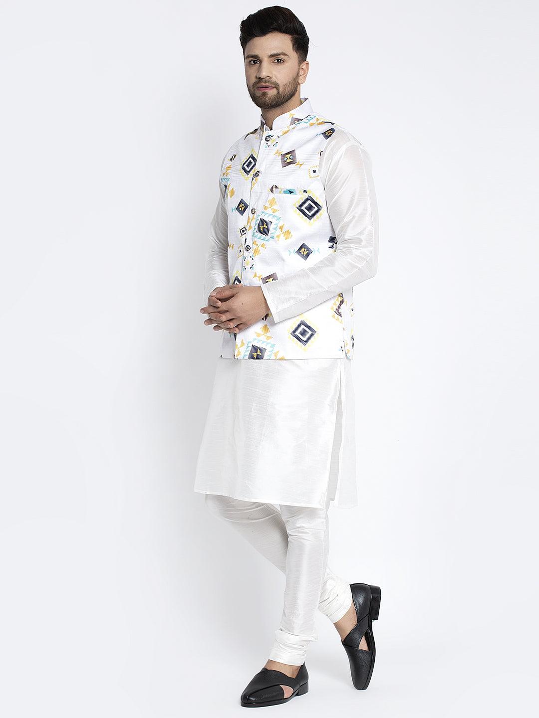 Men's Silk Blend White Kurta With Pyjama & White Printed Nehru Jacket - Benstoke - Indiakreations