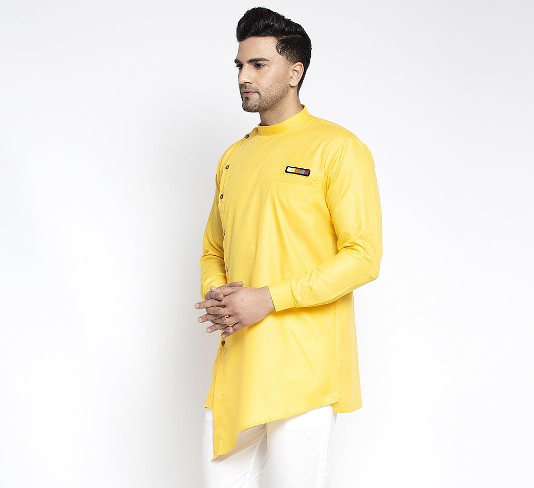 Men's Yellow Solid Short Kurta - Benstoke - Indiakreations