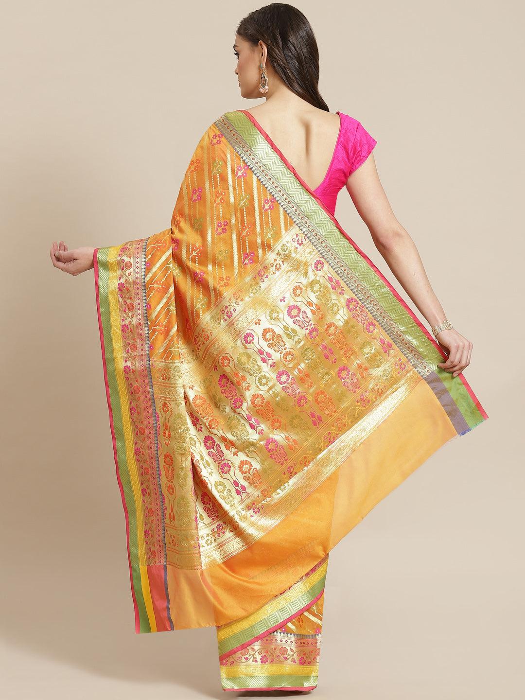 Women's Mustard Silk Jaamdani Cutwork Saree - Varanasi - Indiakreations