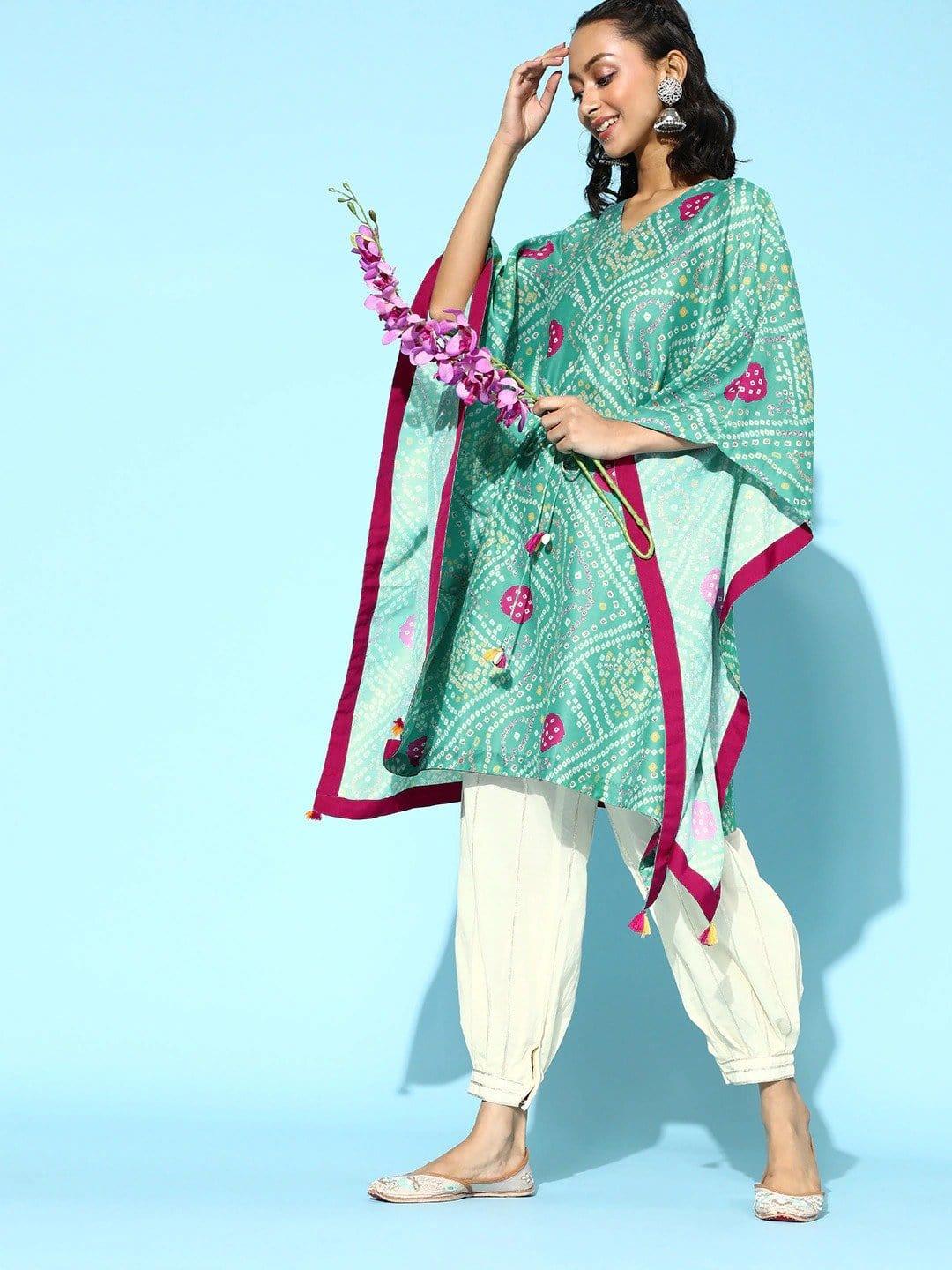 Turquoise Bandhej Printed Tassel Embellished Kaftan With Gota Work Balloon Trouser - Indiakreations