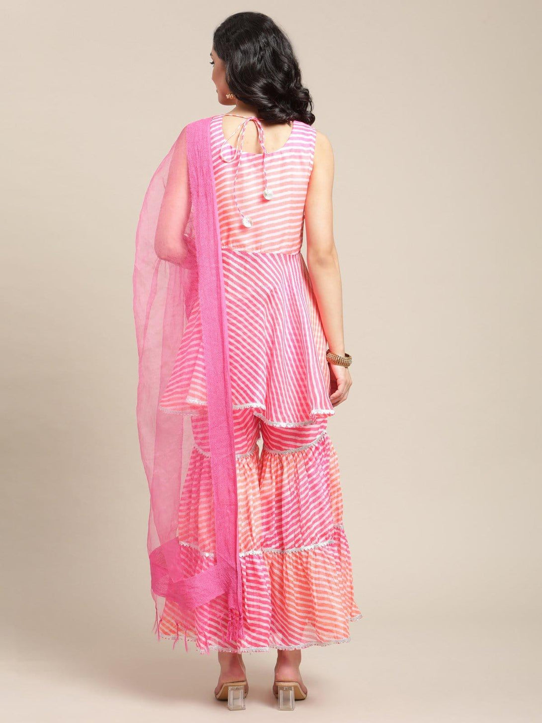 Pink And Orange Gota Patti Embroidery Flared Kurta With Gota Embellished Sharara And Silk Dupatta - Indiakreations