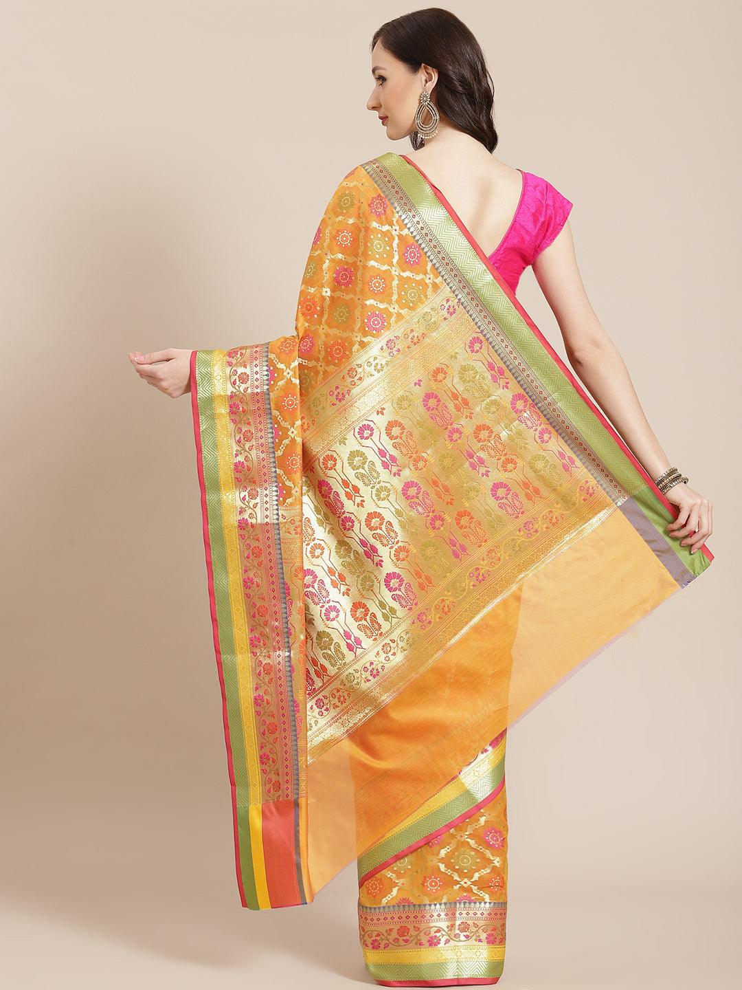 Women's Mustard Silk Jaamdani Cutwork Saree - Varanasi - Indiakreations