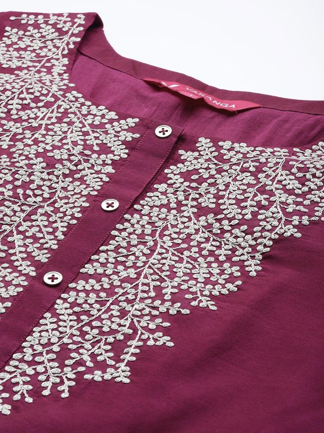 Varanga Women Burgundy & Silver Yoke Design Straight Kurta Trousers & Dupatta - Indiakreations